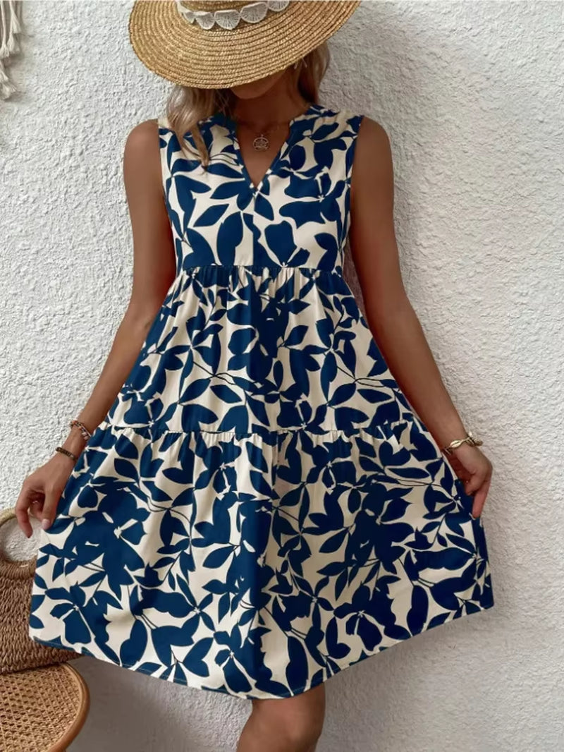 Women Boho Print Mini Dress Summer Elegant Sleeveless V Neck Ruffle a Line Tank Dress Casual Loose Oversize Beach Party Sundress