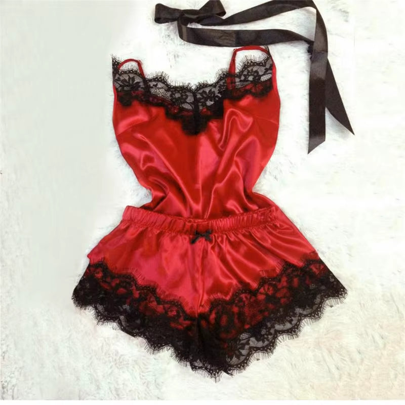 Sexy Lingerie Porno Babydoll Erotic Sleepwear Women Underwear Bow Lace Hot Sex Dress Fashion Temptation Satin Nightdress Suit