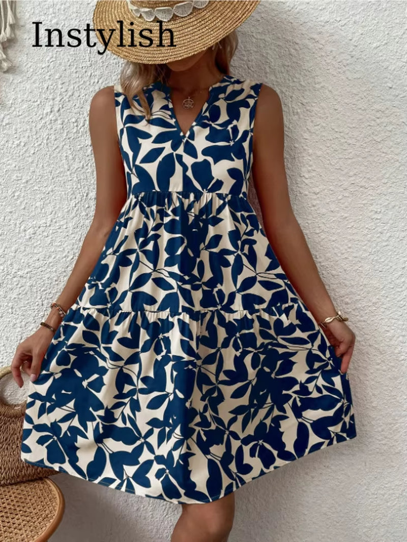 Women Boho Print Mini Dress Summer Elegant Sleeveless V Neck Ruffle a Line Tank Dress Casual Loose Oversize Beach Party Sundress