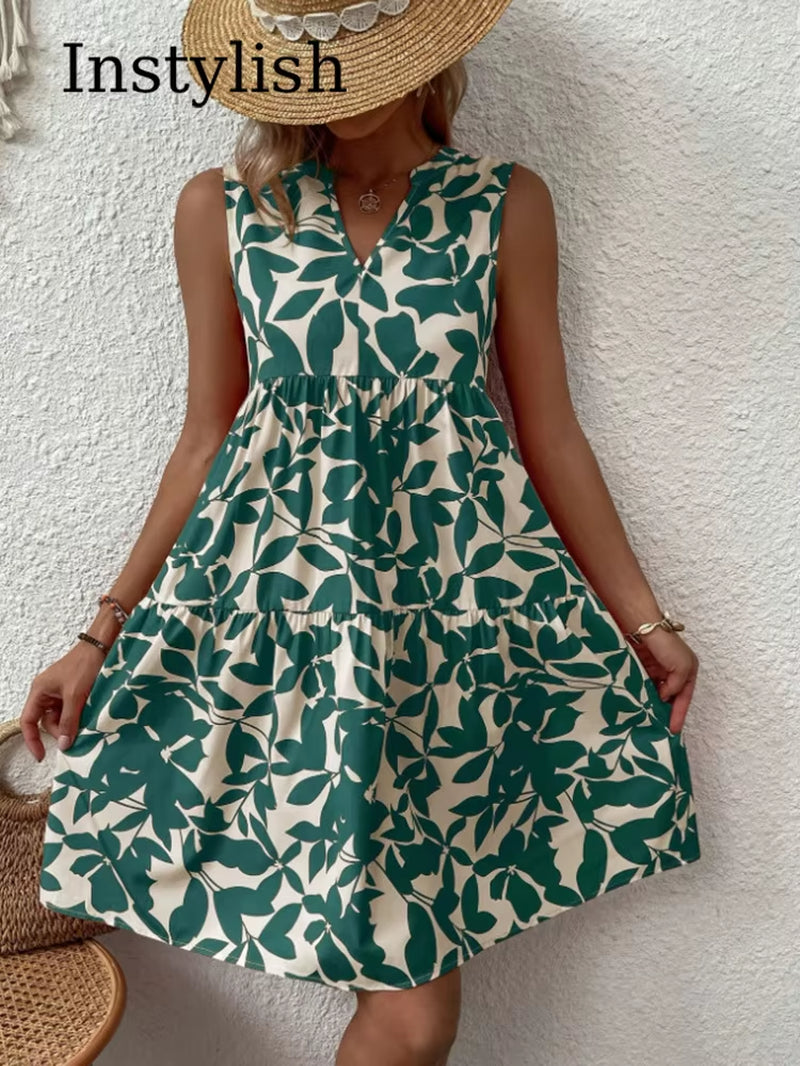 Women Boho Print Mini Dress Summer Elegant Sleeveless V Neck Ruffle a Line Tank Dress Casual Loose Oversize Beach Party Sundress