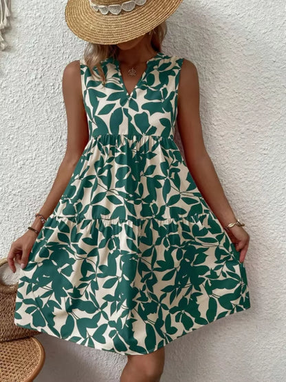 Women Boho Print Mini Dress Summer Elegant Sleeveless V Neck Ruffle a Line Tank Dress Casual Loose Oversize Beach Party Sundress