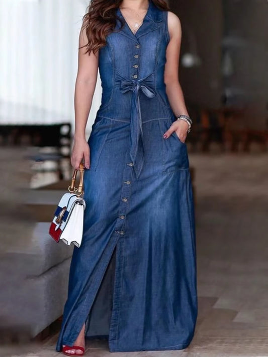 Summer Women Fashion Plain Lapel Collar Light Washed Denim Bow Tank Dress Sleeveless Dress Beach Sundress Oversized Loose Dress